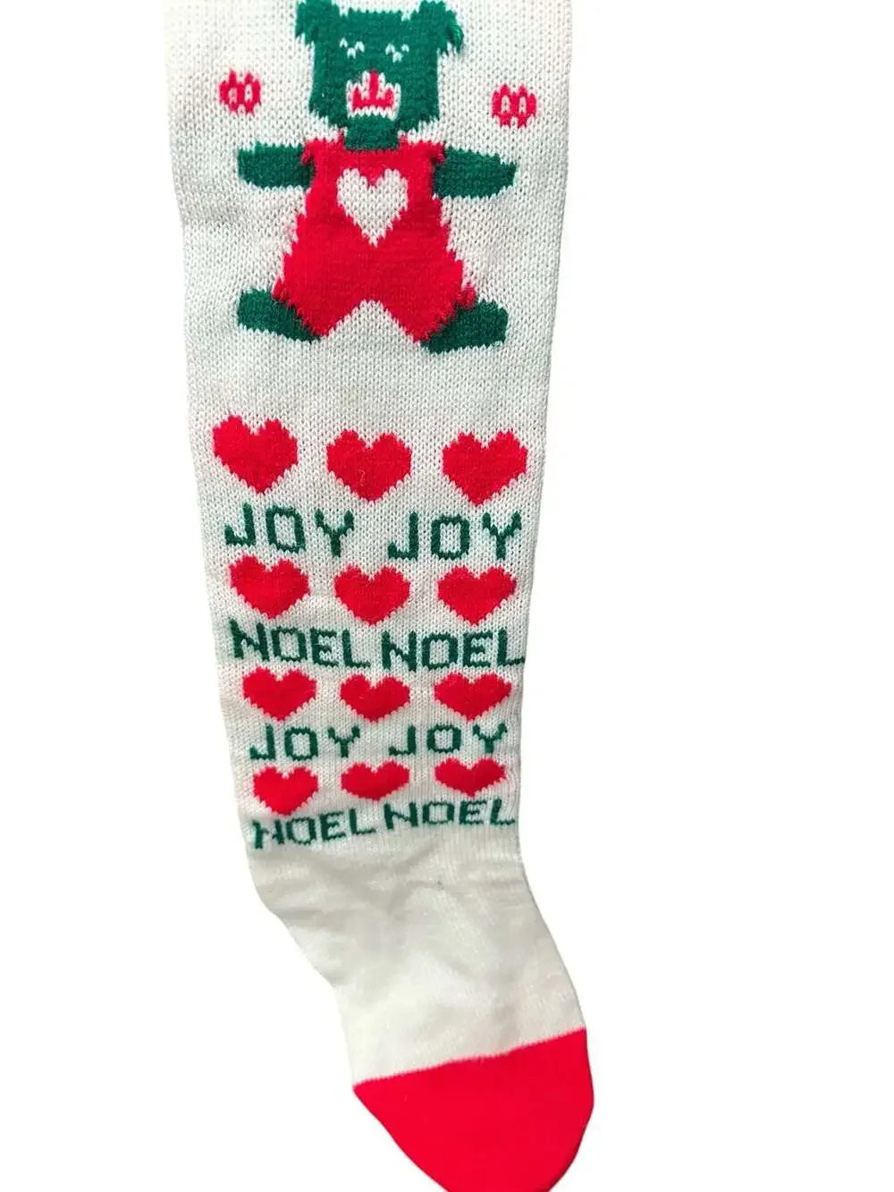 Vintage Knit Christmas Stocking Red and White with Teddy Bear Joy Noel Hearts an
